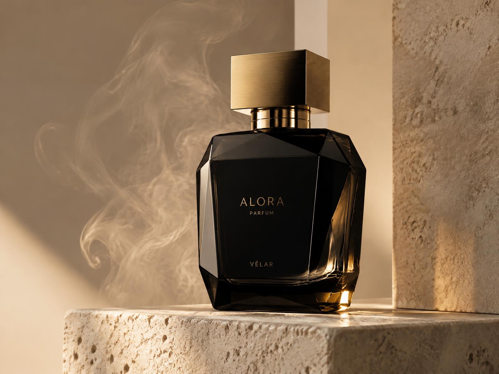 Black faceted perfume bottle with gold cap on travertine